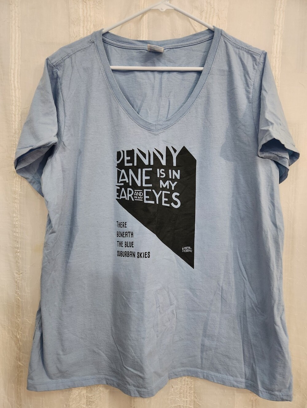 Light Blue Graphic V-Neck Tee with 'Penny Lane' Print